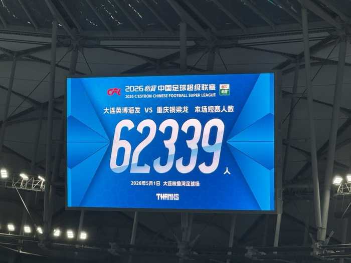 62339人，大连英博主场上座人数再创新高，位列中超历史第3